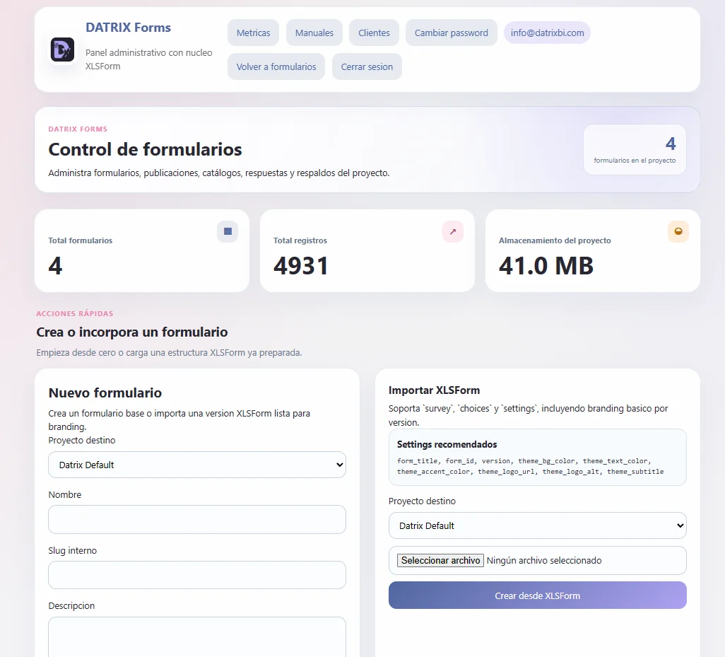 Panel administrativo real de DATRIX Forms con control de formularios, registros e importación XLSForm