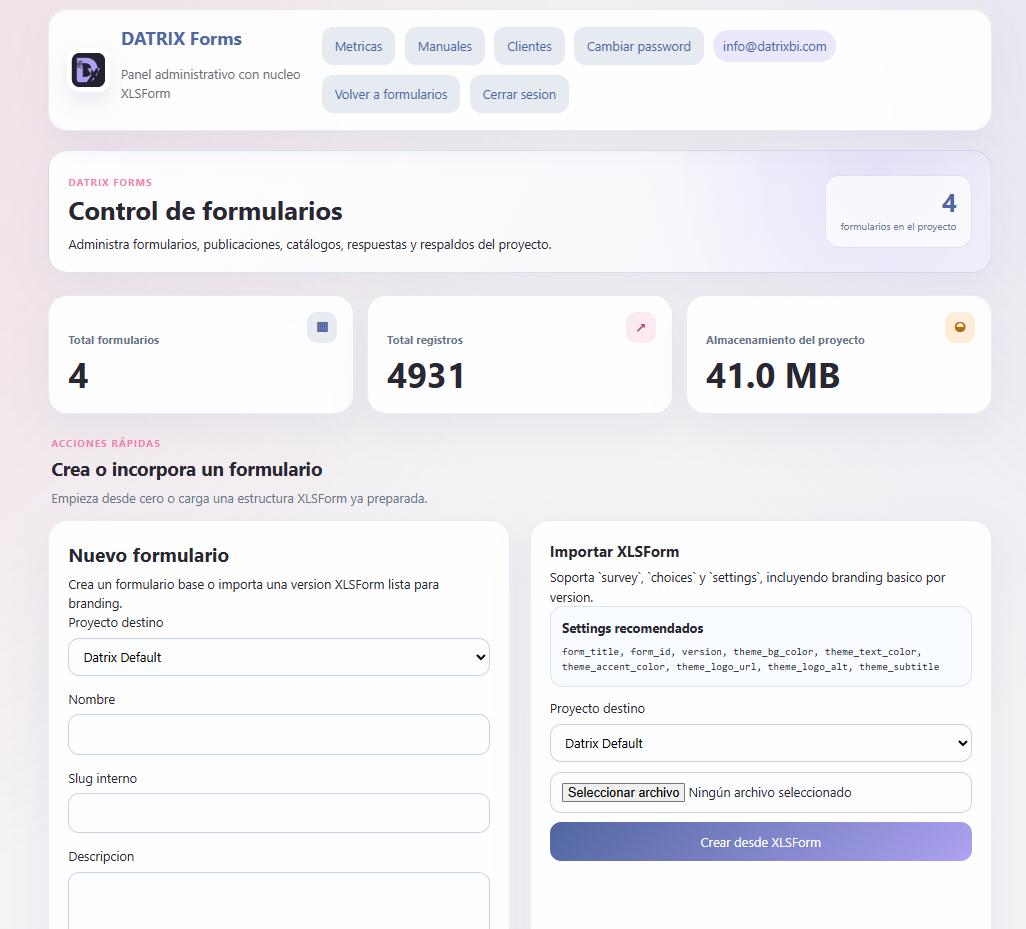 Panel administrativo real de DATRIX Forms con control de formularios, registros e importación XLSForm