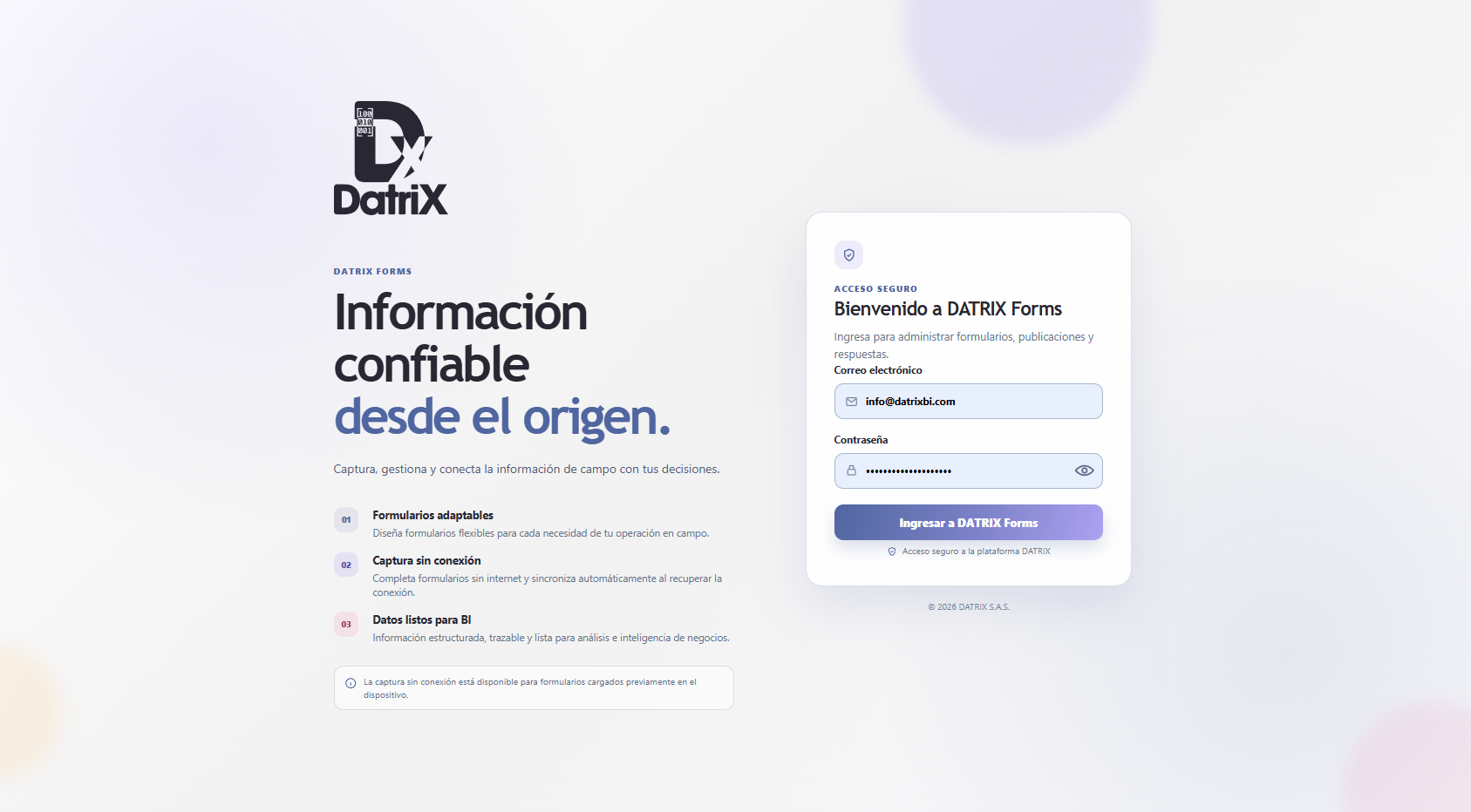 Portada real de DATRIX Forms con presentación de la plataforma y acceso administrativo