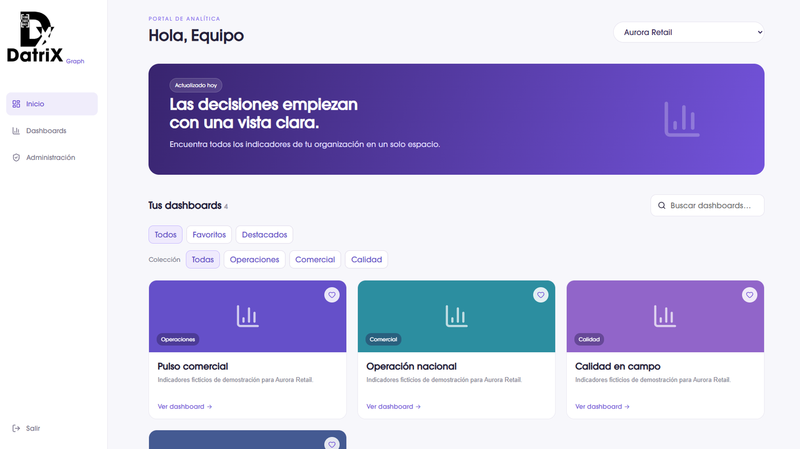 Vista real del portal de DATRIX Graph con selector de organización, filtros, colecciones y dashboards